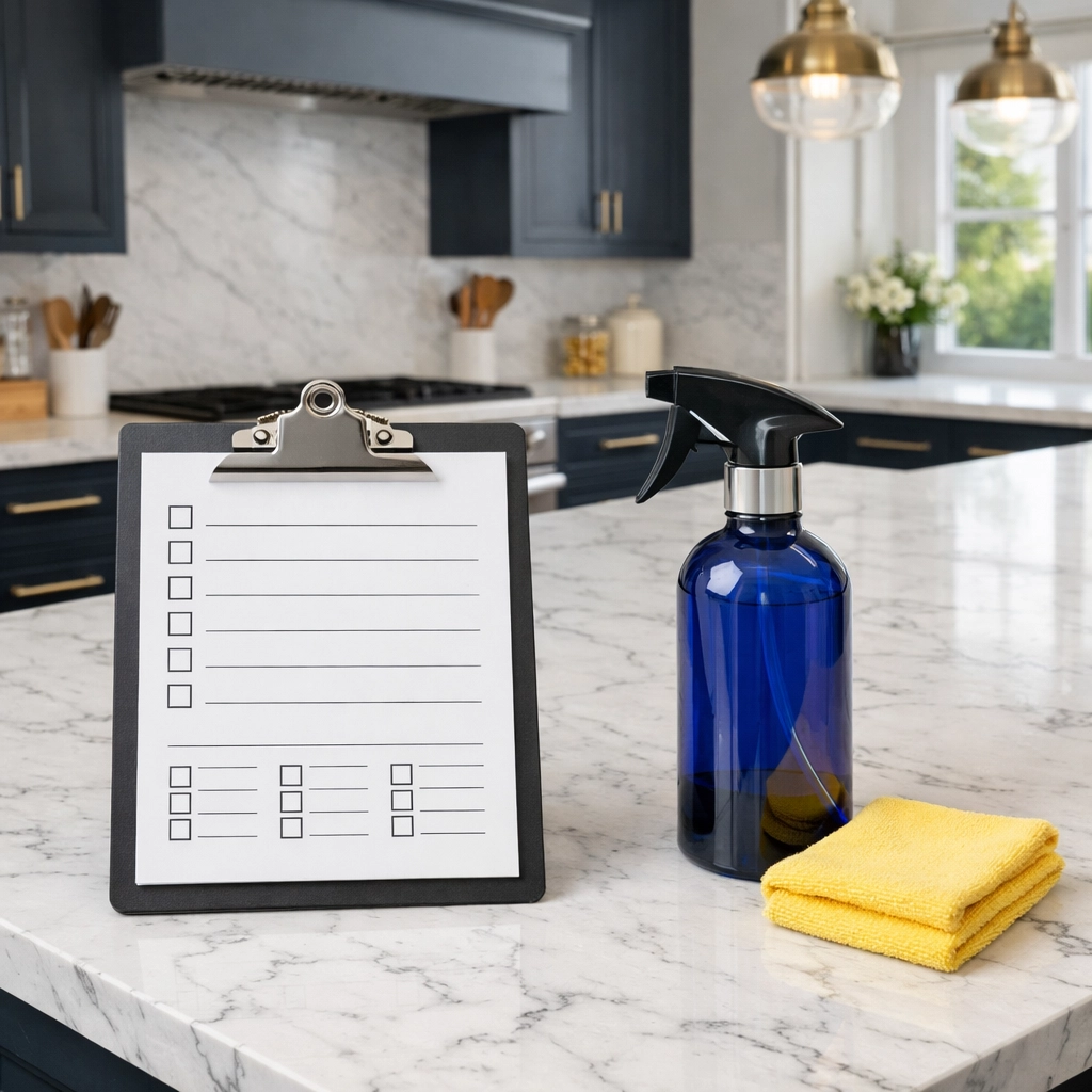 Professional apartment cleaning Massachusetts checklist and supplies on a luxury white marble kitchen counter.