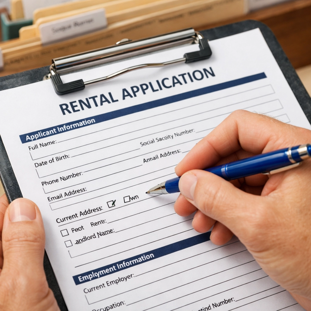 Hands carefully filling out Philadelphia apartment rental application form with attention to detail