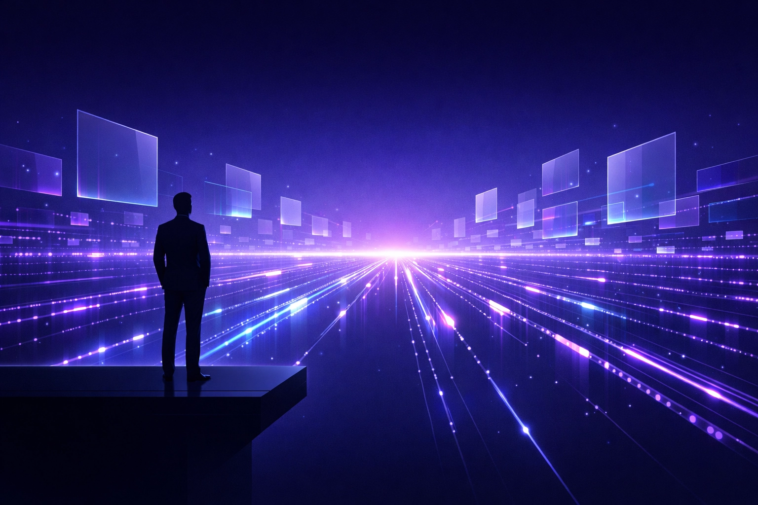 Silhouette of a business owner looking at a digital landscape of scalable AI automation and growth potential.