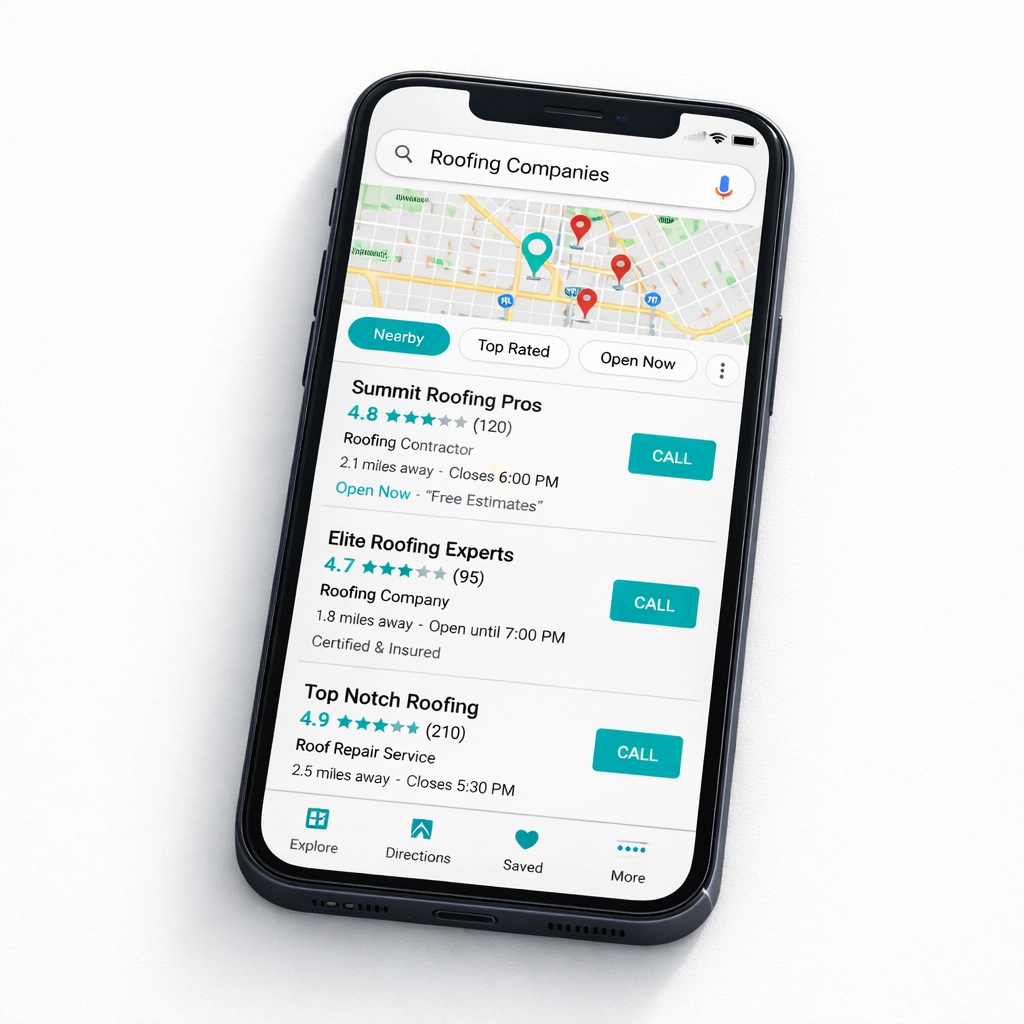 Google Maps local pack showing Dallas roofing companies on smartphone screen