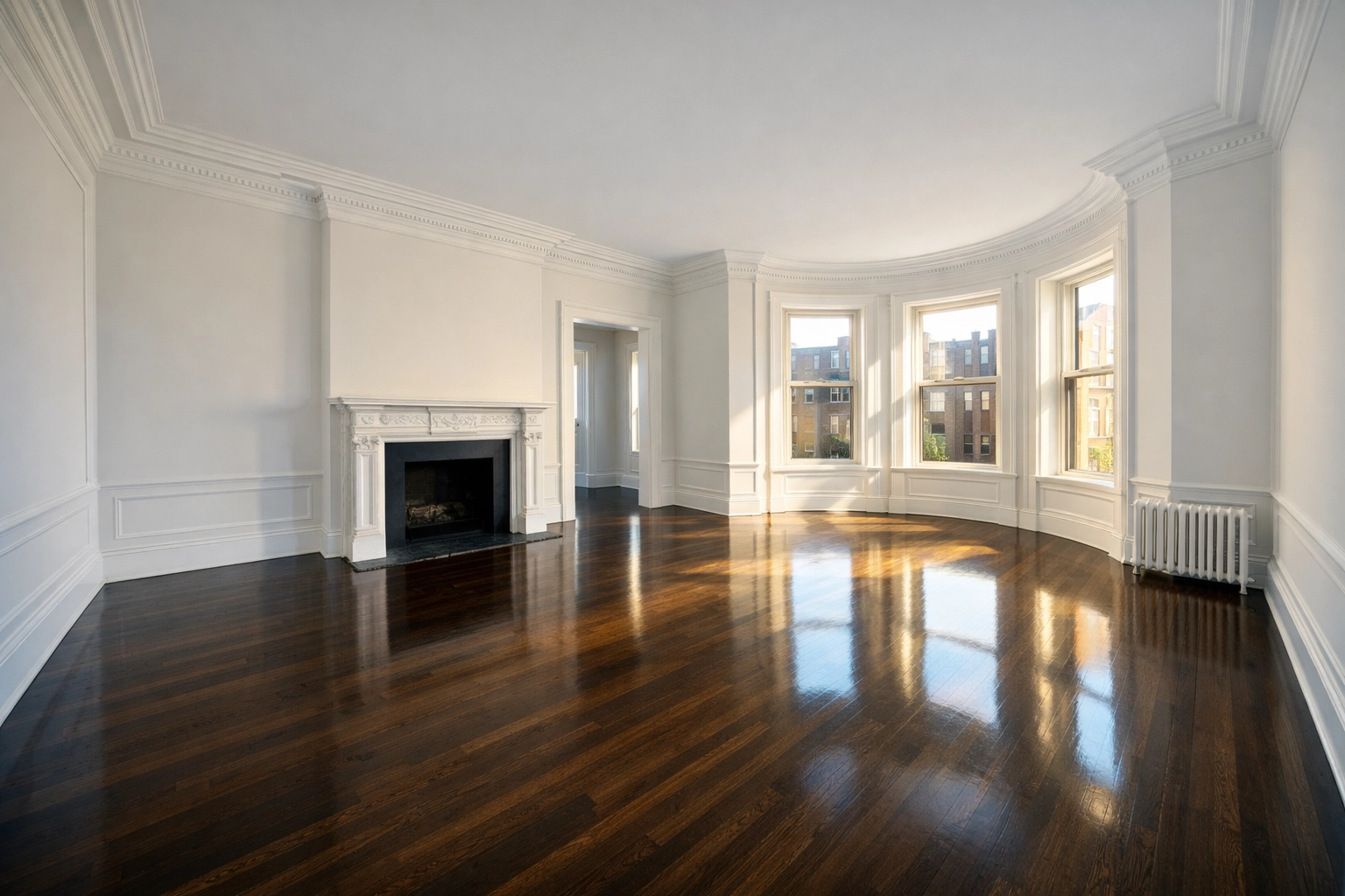 Immaculate hardwood floors in a vacant Boston apartment ready for a move-out inspection.
