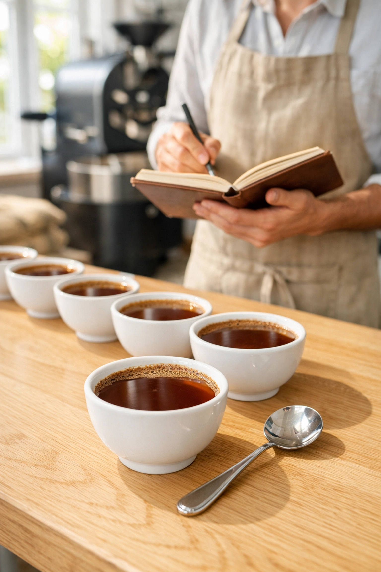 A professional coffee cupping session at a wholesale coffee roaster for quality and sourcing evaluation.