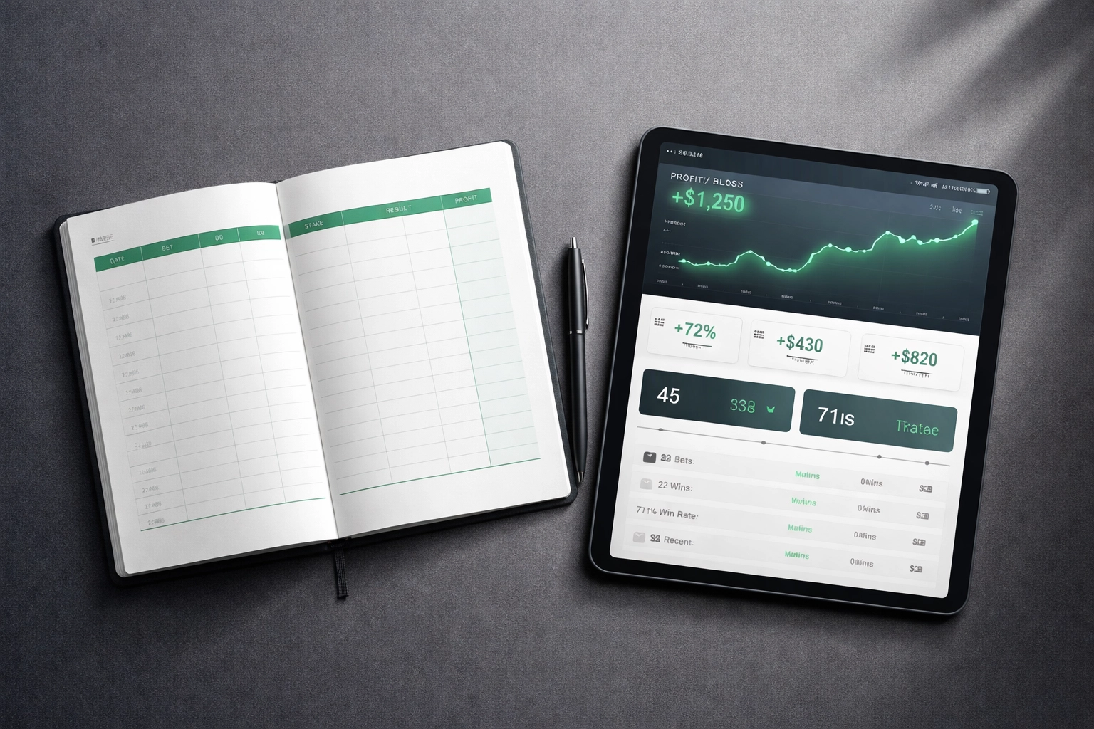 Minimalist workspace showing detailed betting records and dashboard, highlighting the value of football betting tracking.