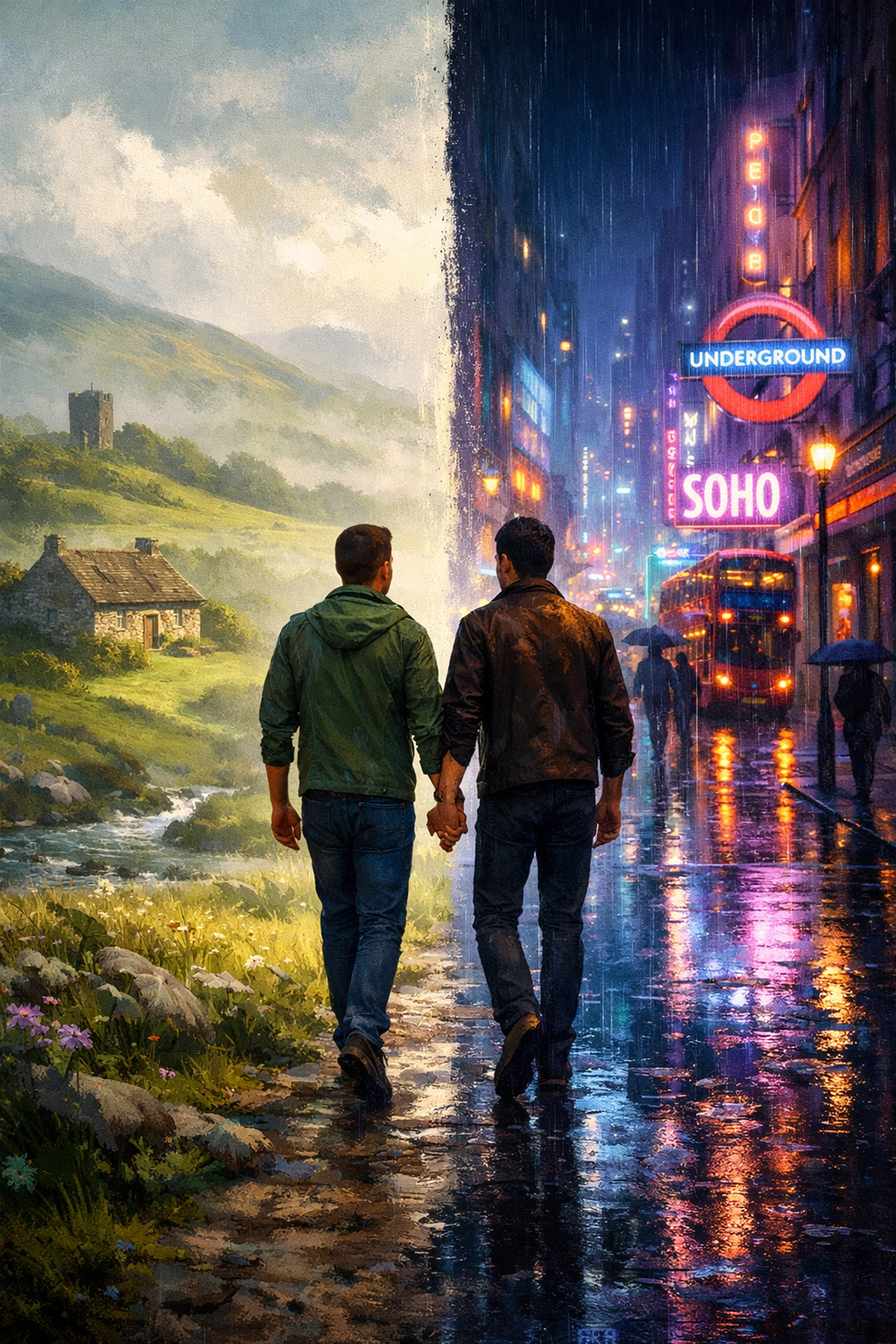 A gay couple walking between a misty rural landscape and a neon city, showcasing diverse settings in queer fiction.