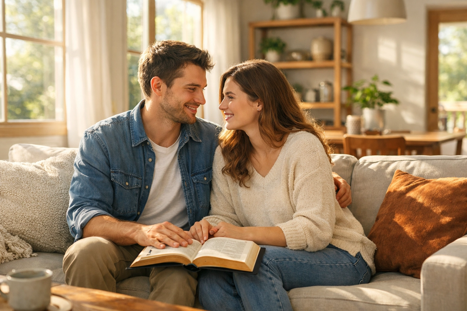 Christian couple reading the Bible together in a bright home, reflecting faith and spiritual recovery.