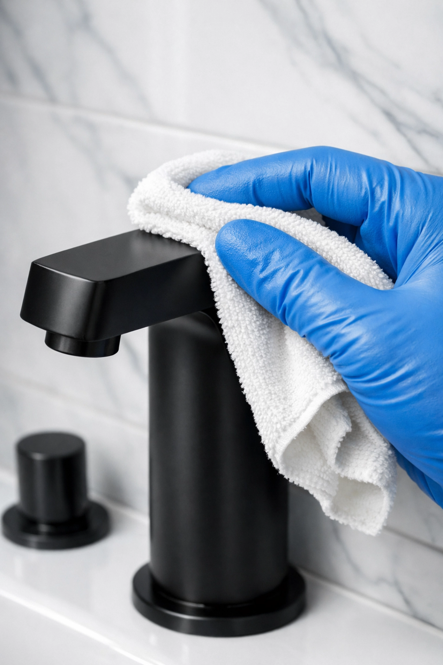 Detail of a luxury bathroom fixture being polished during post-construction cleaning MA to remove grout haze.
