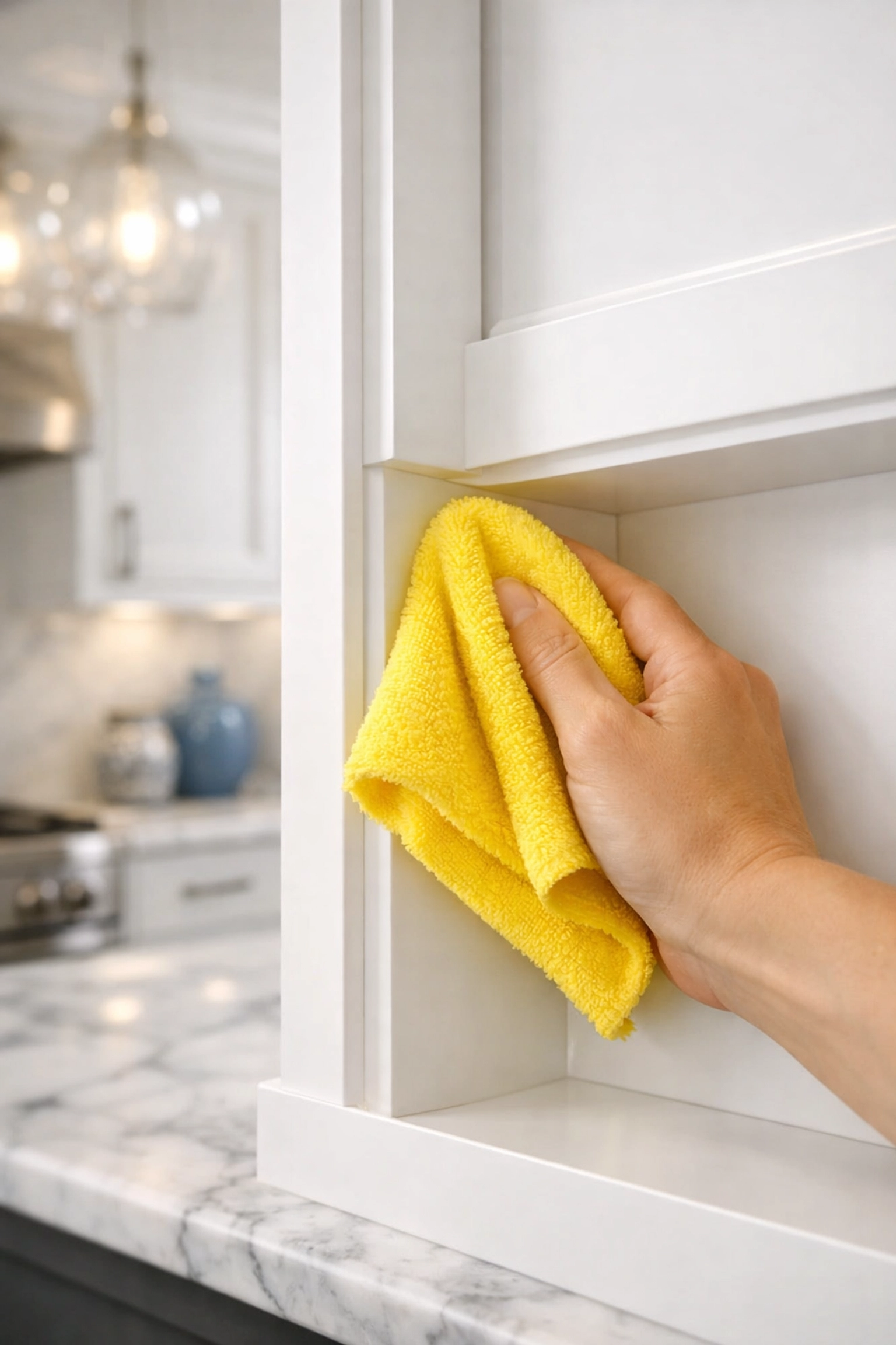 Professional post construction cleaning in Bedford removing fine dust from new kitchen cabinets.