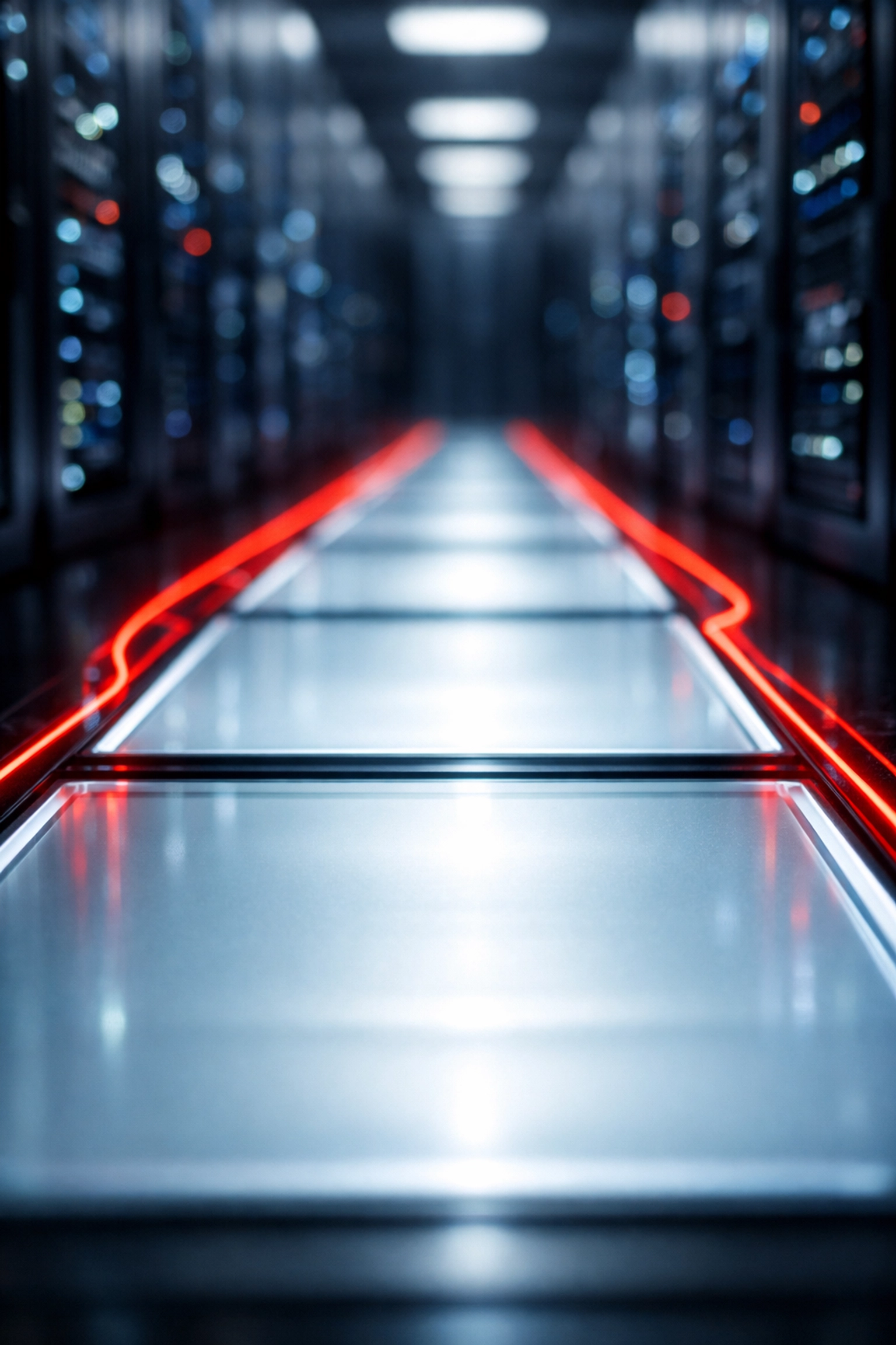 An illuminated glass path in a high-tech data center representing a cybersecurity defensibility trail.