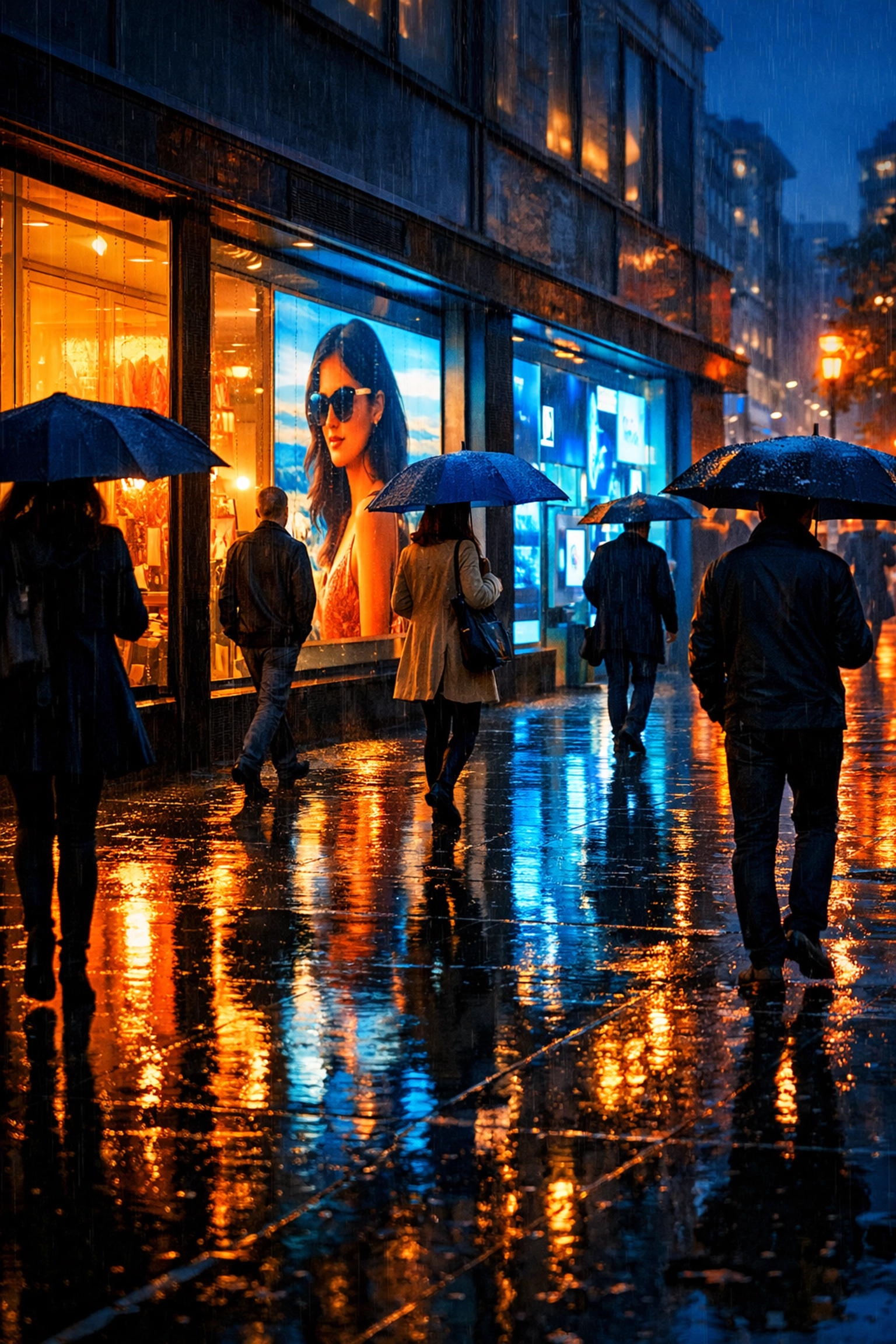 Rainy city street with illuminated digital screens demonstrating weather-triggered advertising