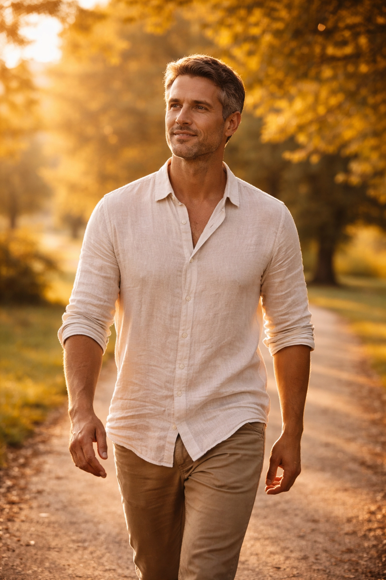 Magabiztos, kiegyensúlyozott férfi egy őszi parkban sétál, önismereti fejlődés és férfiasság útján