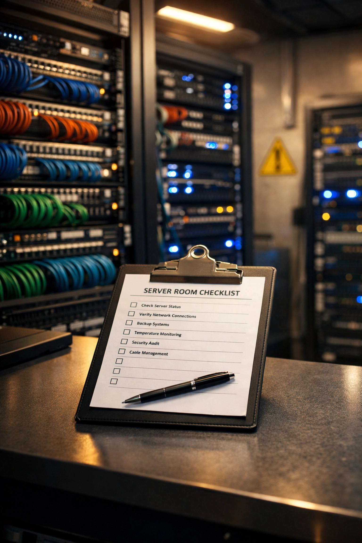 Organized server room with standardized equipment and checklists for efficient MSP operations