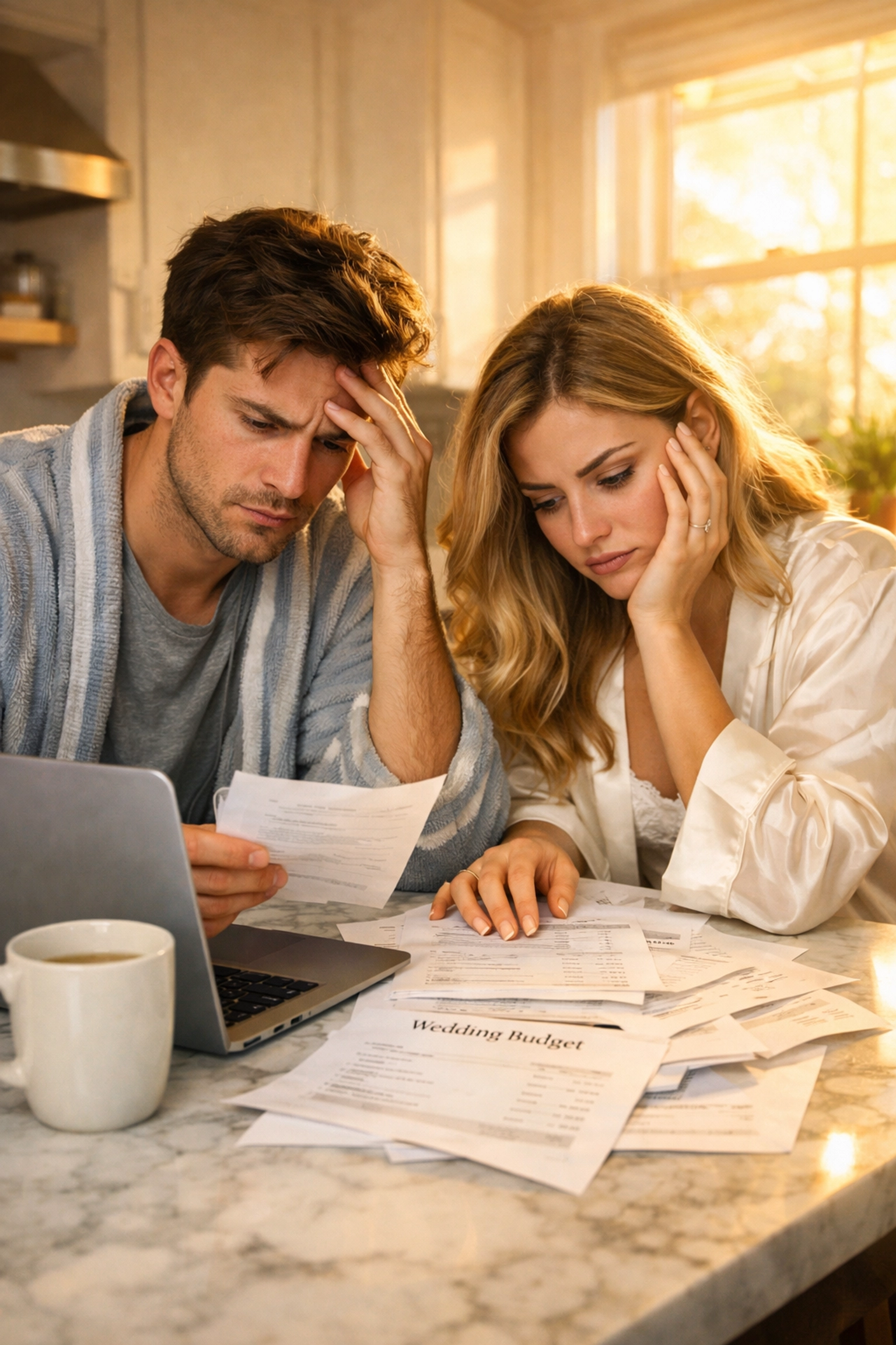 Engaged couple reviewing wedding budget and expenses on laptop during stressful morning planning session