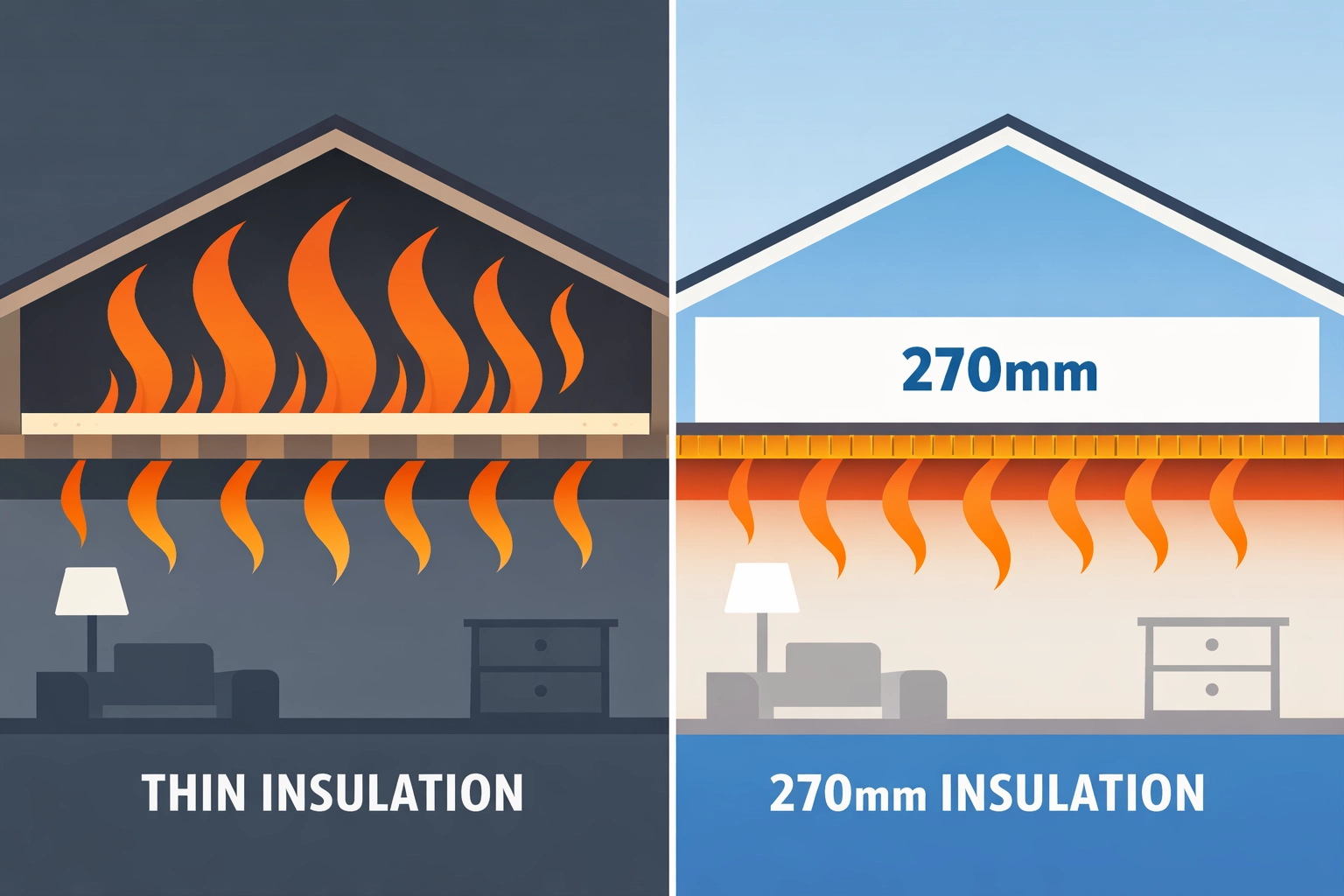 Energy efficiency comparison between thin loft insulation and the standard 270mm depth for warmth.