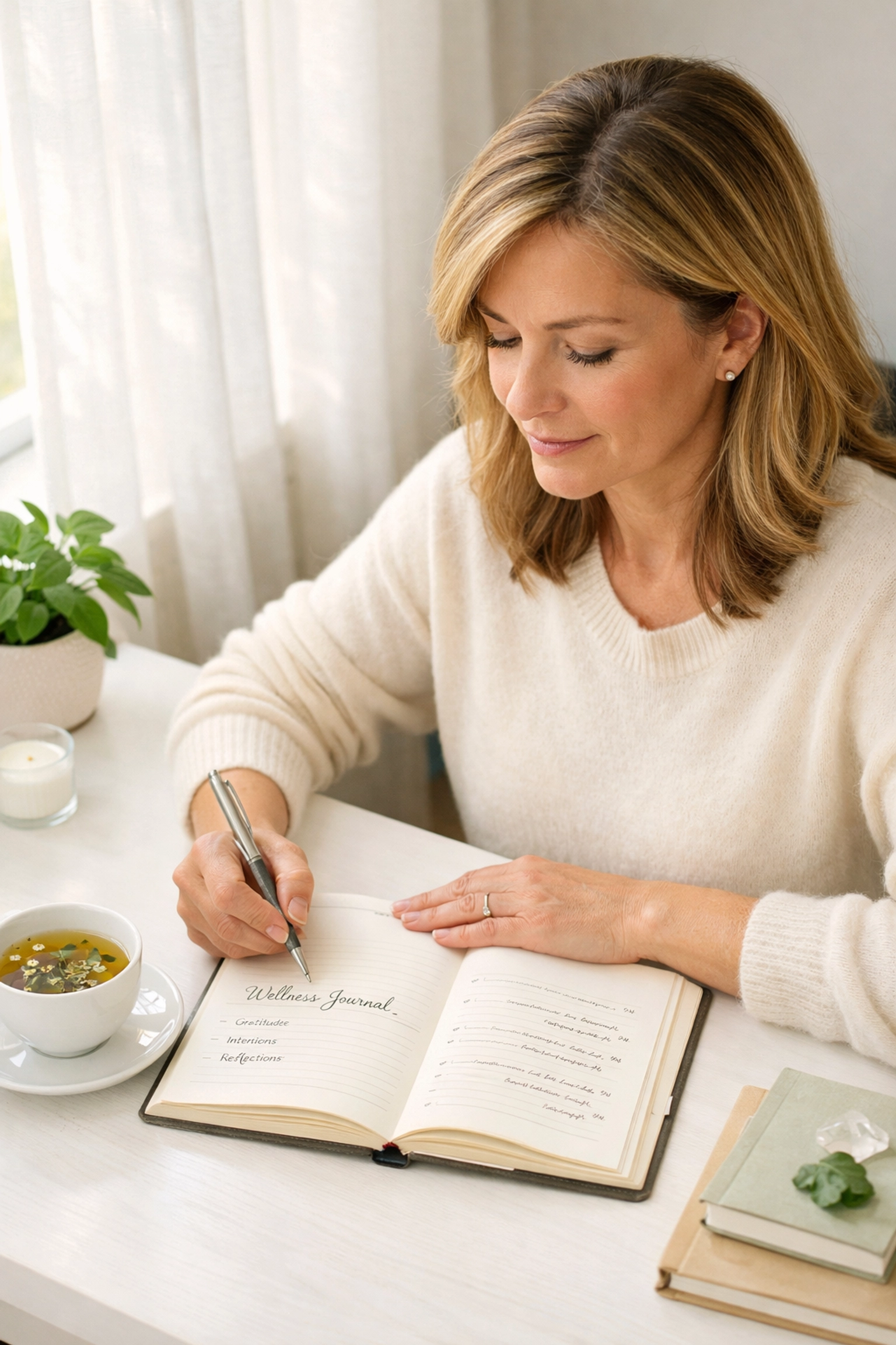 Woman writing in perimenopause symptom journal at desk with morning tea Woman writing in perimenopause symptom journal at desk with morning tea