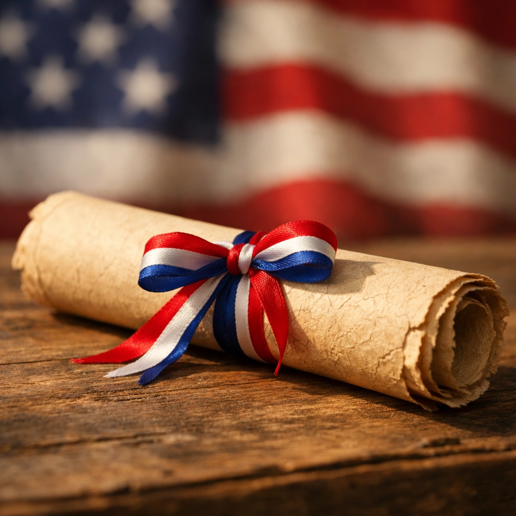 Rolled parchment scroll with a patriotic ribbon symbolizing the historical promise of the Declaration of Independence.