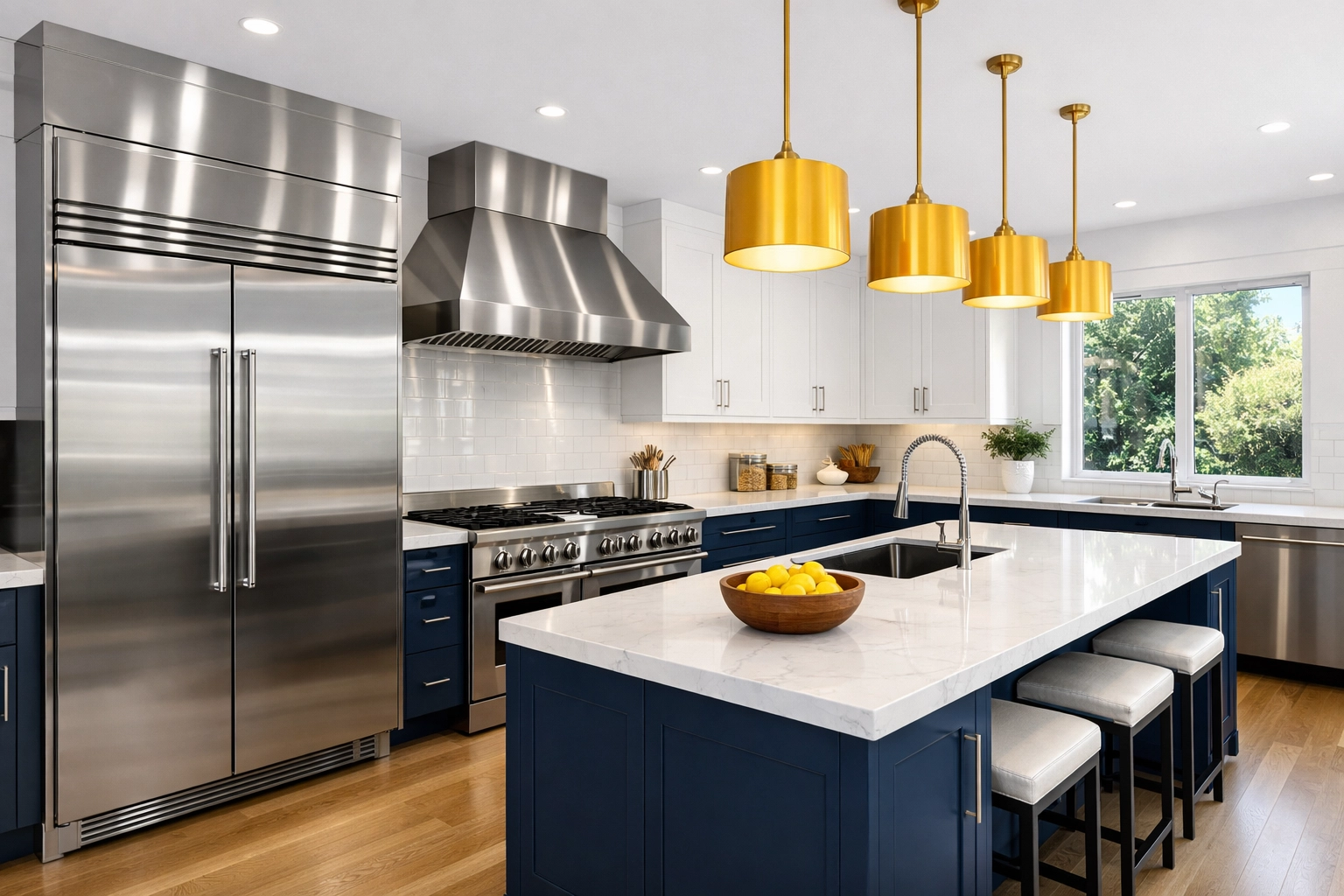 A bright, modern kitchen featuring perfectly clean and shiny stainless steel appliances.