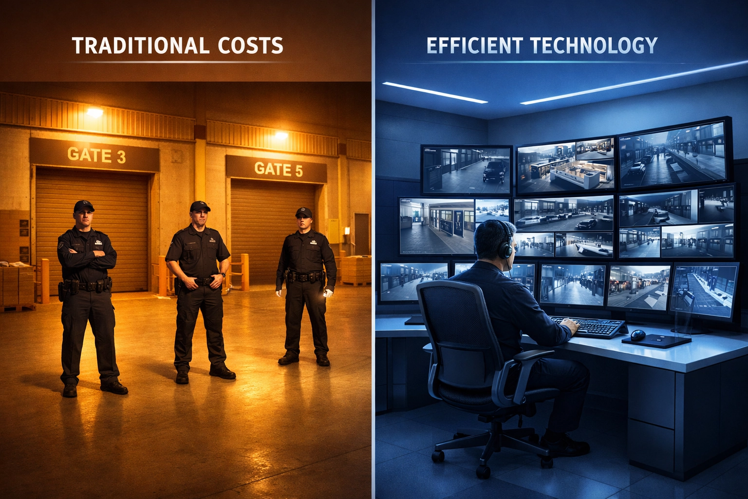 Comparison of traditional security guards versus remote video monitoring control room systems
