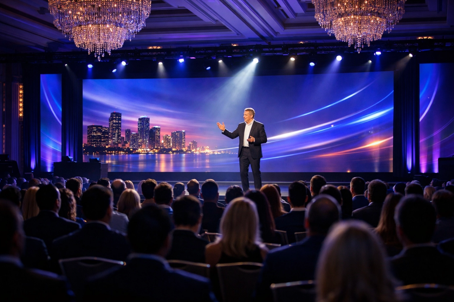 Dynamic keynote speaker on stage in a luxury Miami ballroom during a high-end corporate event.