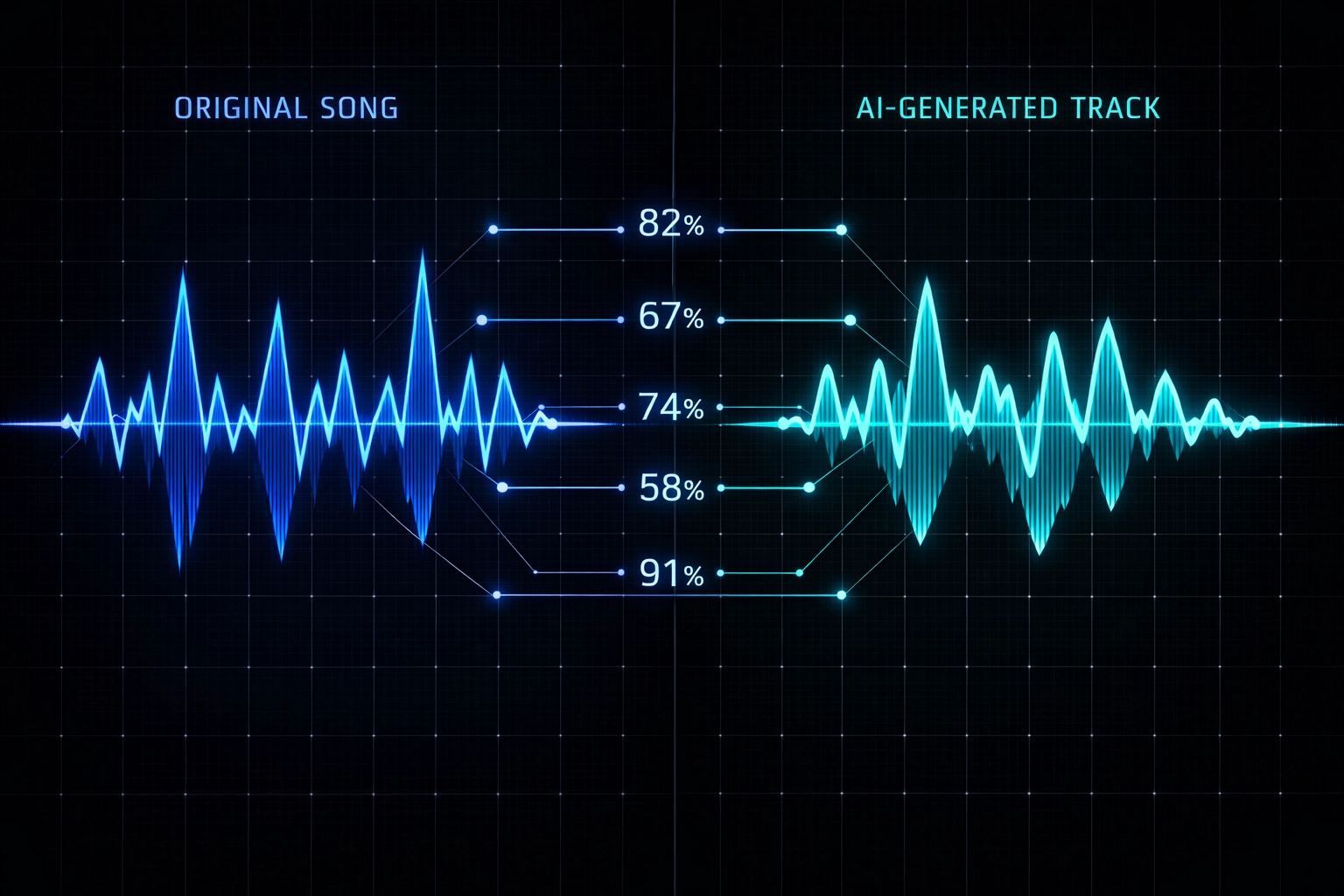 AI music attribution diagram showing percentage-based musical DNA tracking between original and AI tracks
