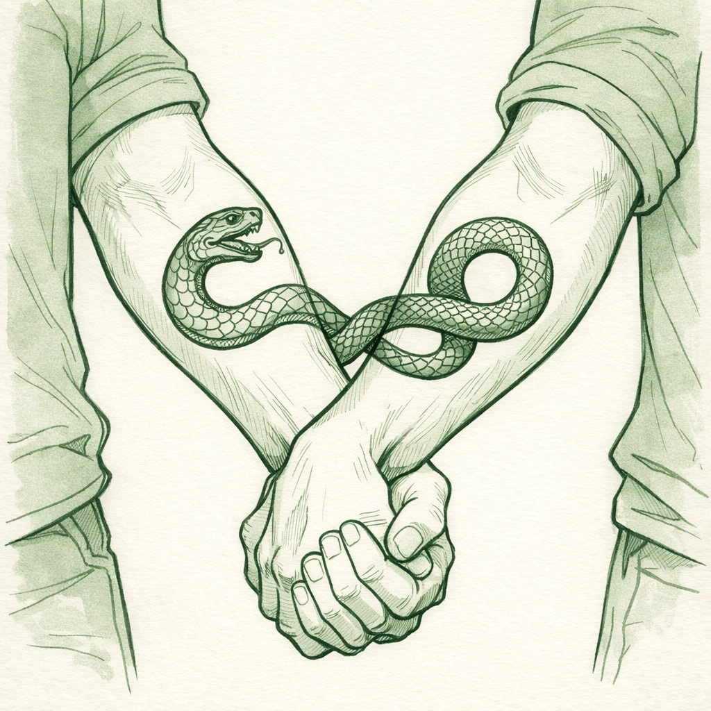Two men holding hands revealing matching serpent tattoos on forearms in MM love story