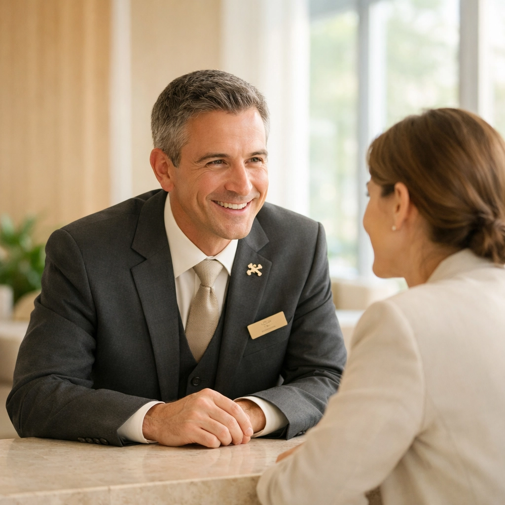 Hotel staff and guest interacting in a modern lobby, freed from manual data entry by AI.