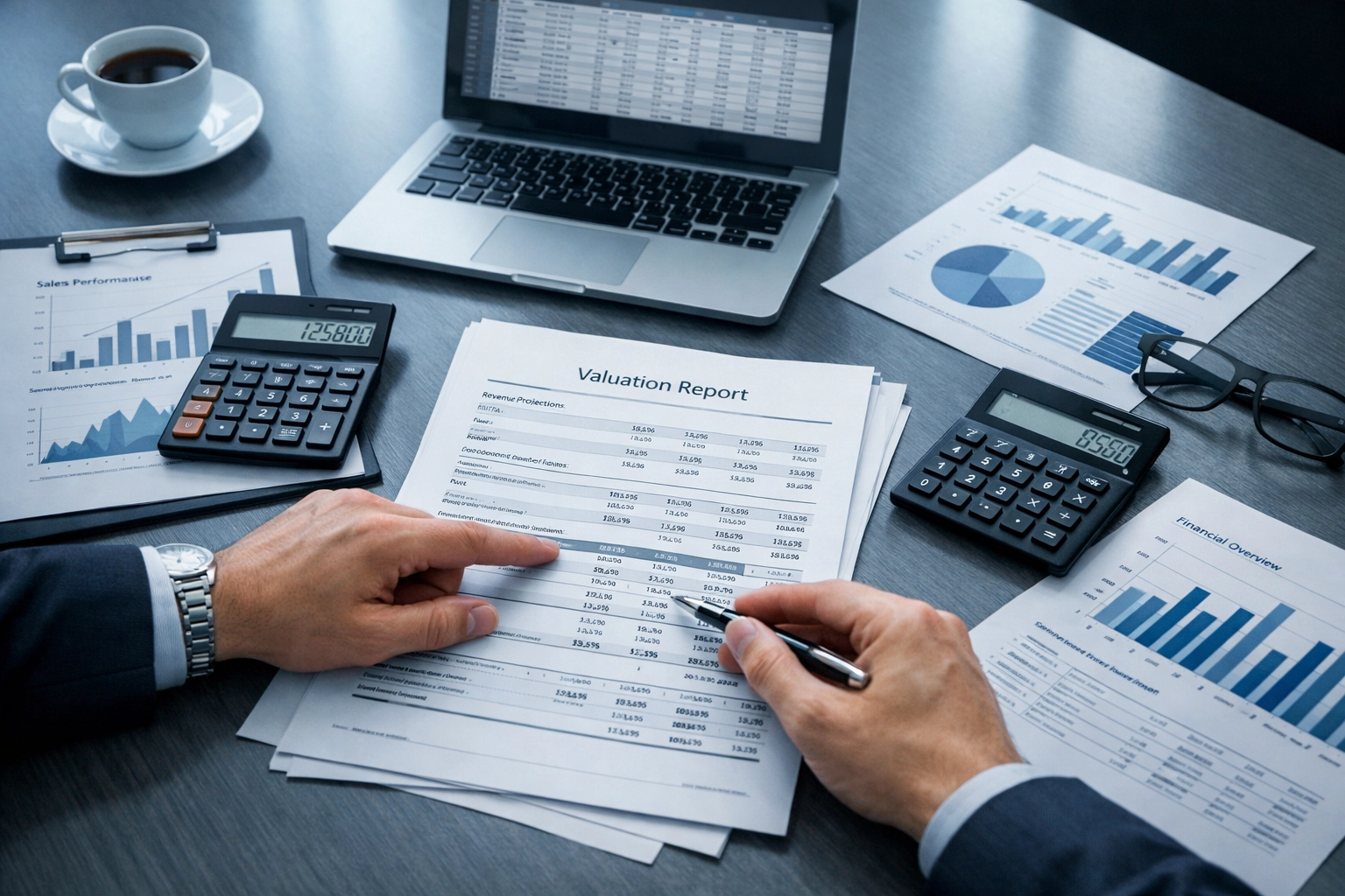 Business valuation reports and financial documents being analyzed for North Carolina company sale