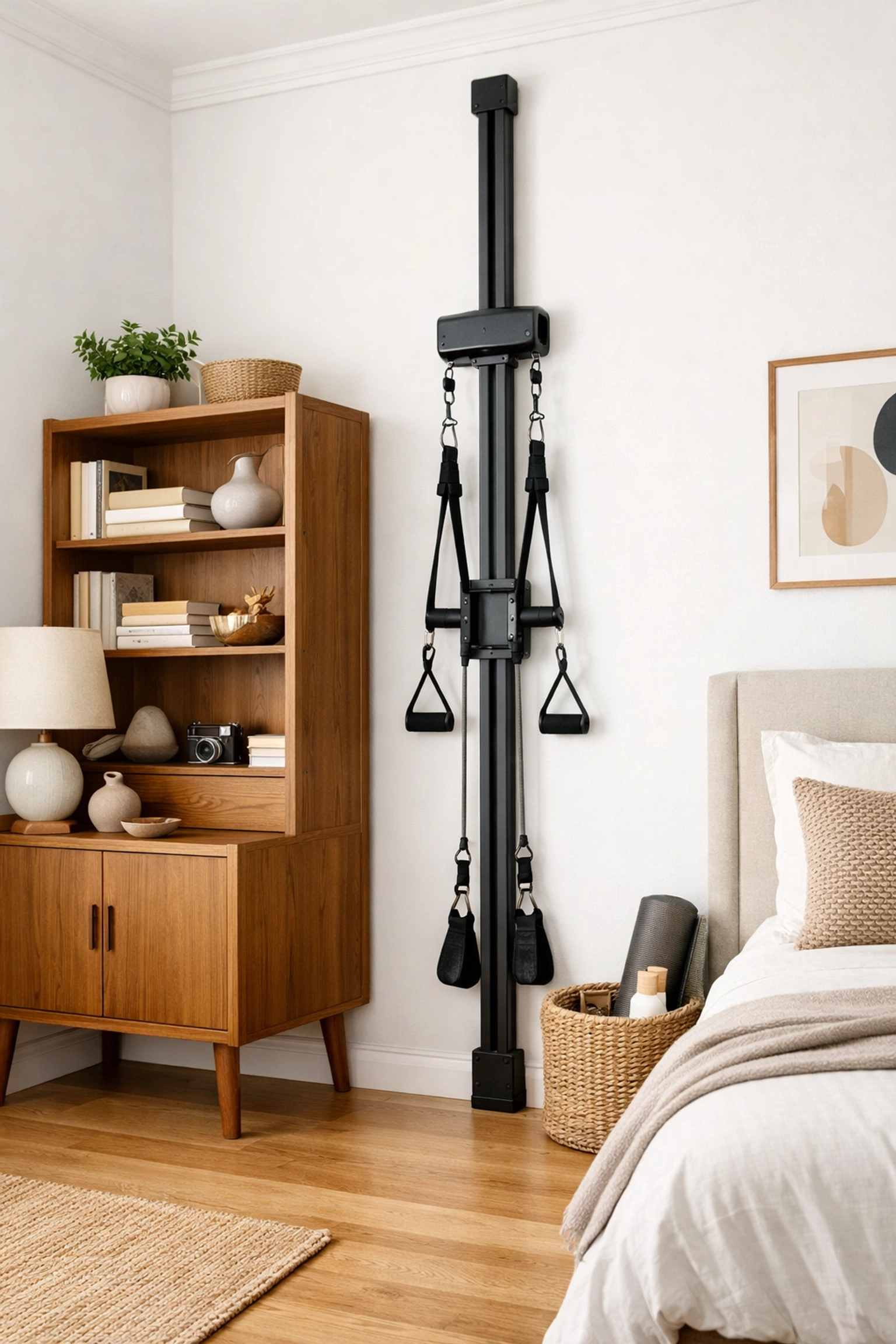 Space-saving Resistance Rail in a bedroom, demonstrating a versatile home gym without wall damage.