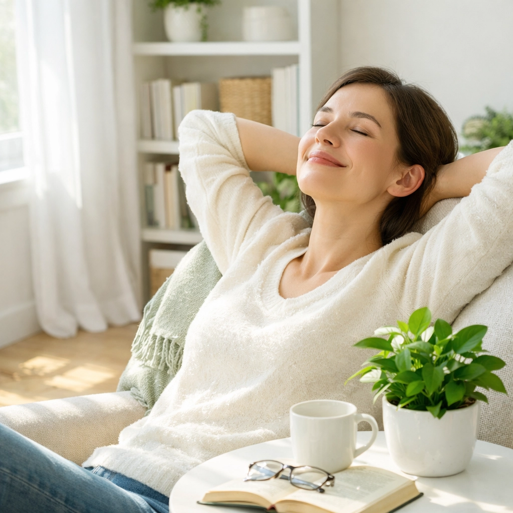 A homeowner enjoying fresh, allergen-free air in a sunlit room after a professional deep cleaning service.