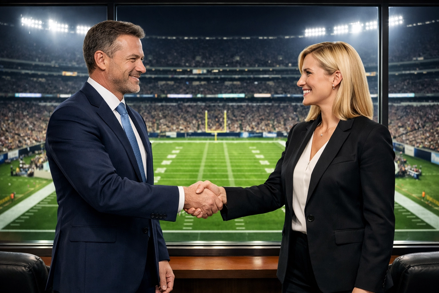 Business leaders shaking hands in a luxury Super Bowl suite to finalize a brand partnership.