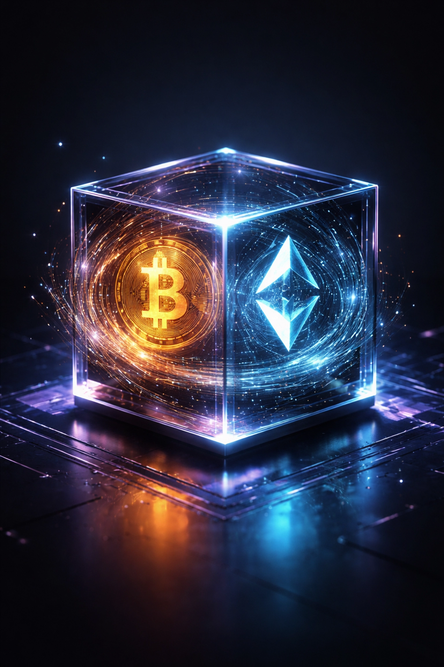 Glowing Bitcoin and Ethereum symbols representing diversified crypto investments and digital asset strategies.