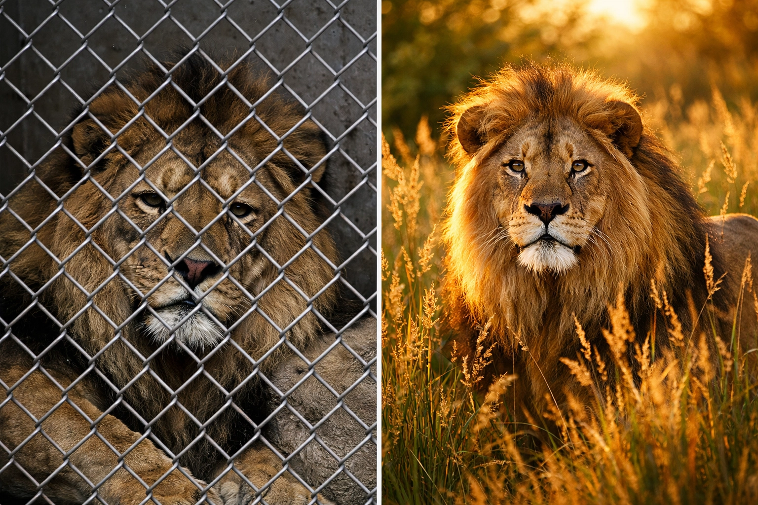 Comparison of generic zoo lion photo behind fence versus professional wildlife photo in natural setting