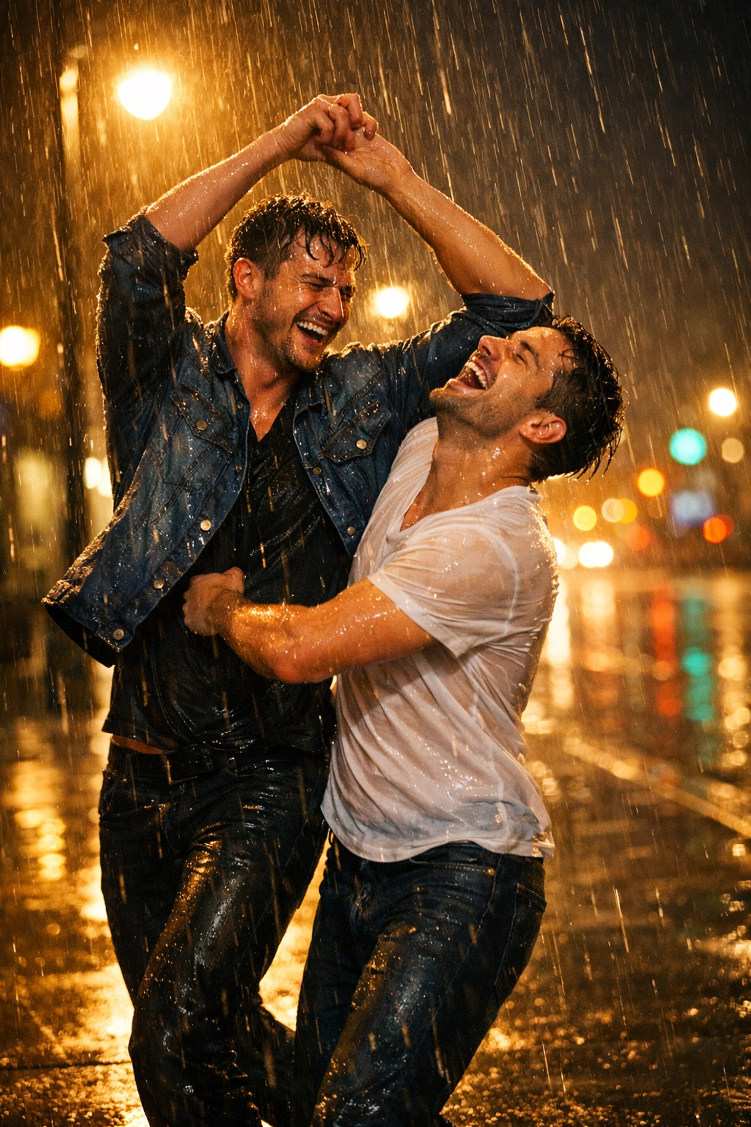 Two men dancing together in rain under city lights, authentic queer romantic moment