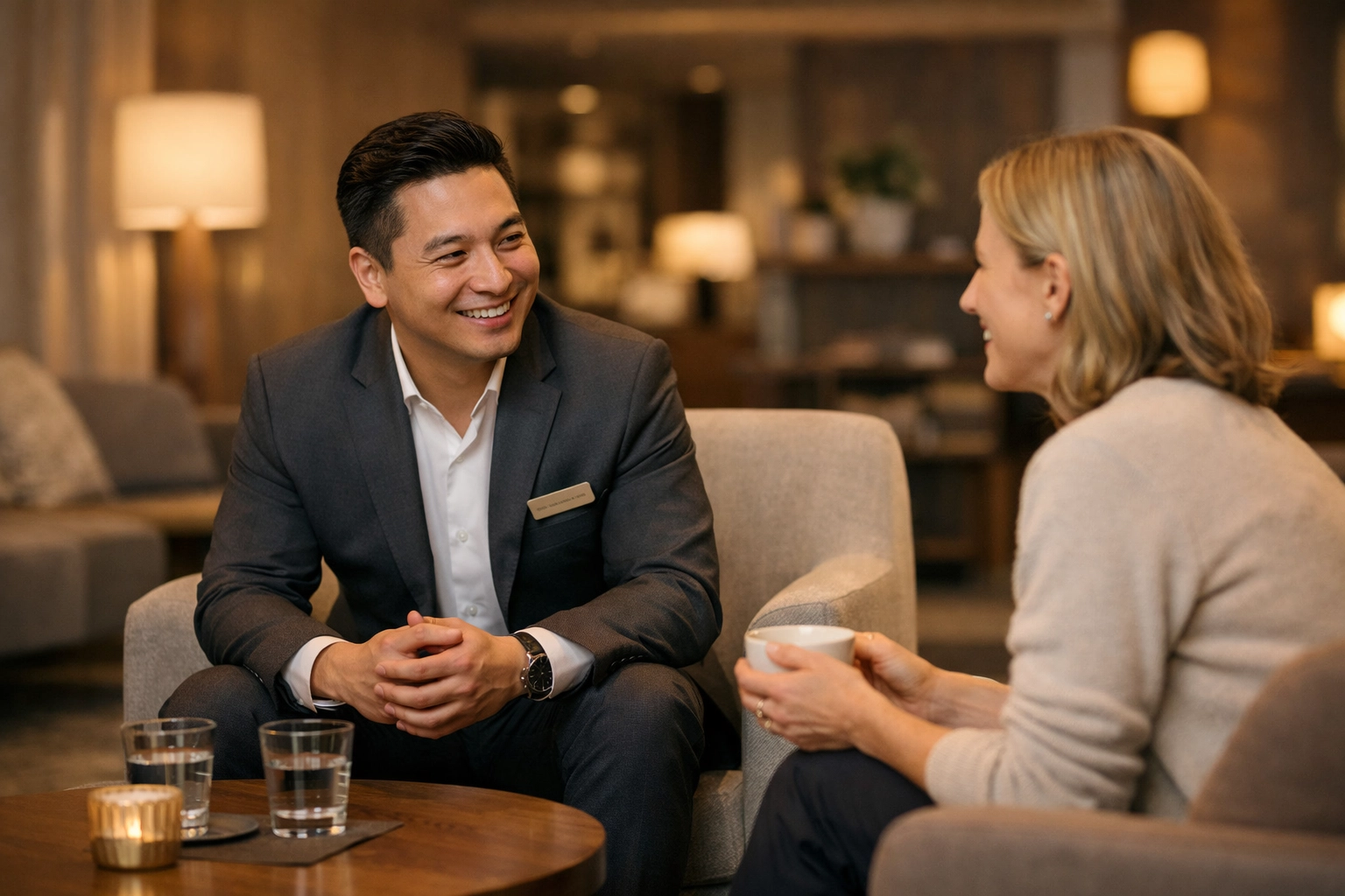 A hotel host and guest interacting in a modern lounge, emphasizing personalized human hospitality.
