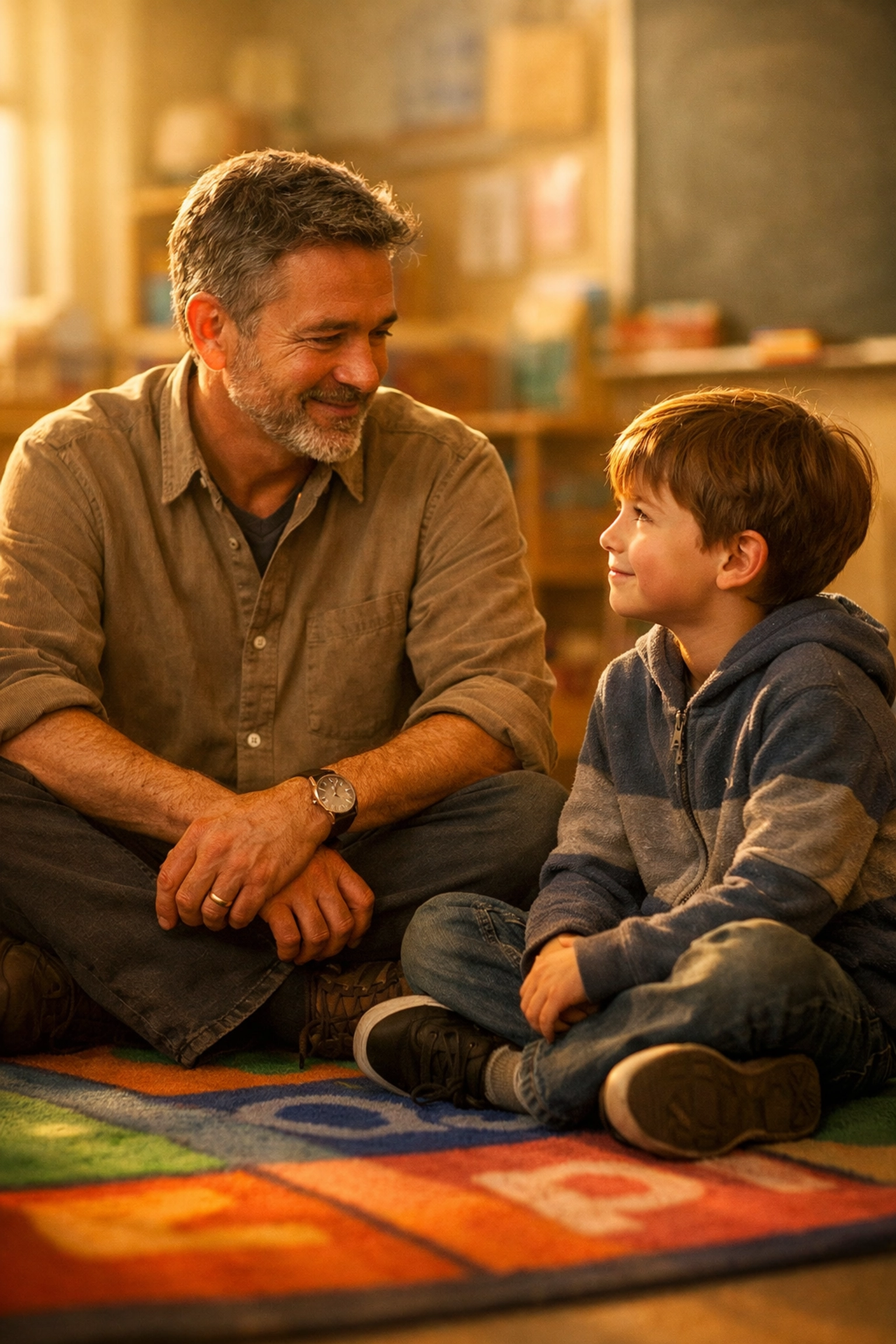 An educator modeling calm co-regulation with a student on a classroom rug to support neurodiversity.
