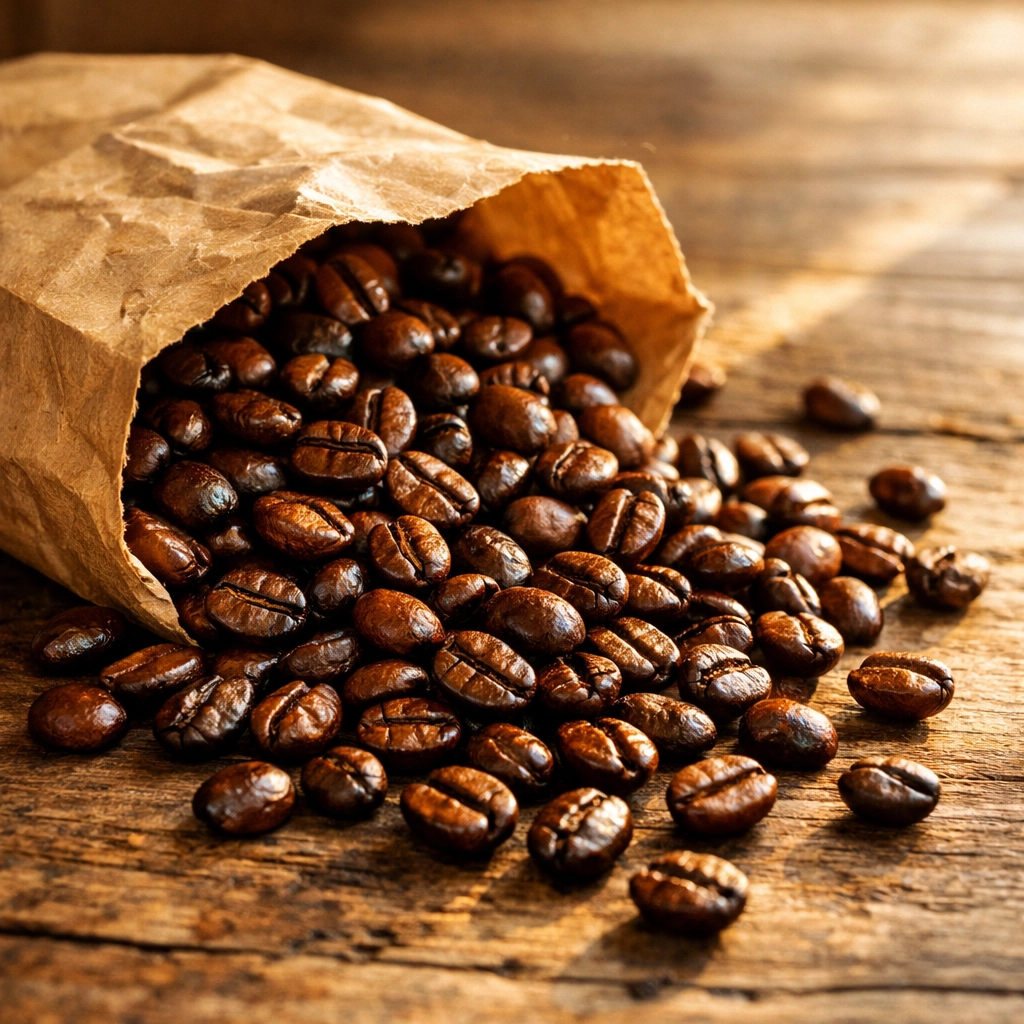 Freshly roasted speciality coffee beans spilling from a craft paper bag onto a rustic wooden surface.