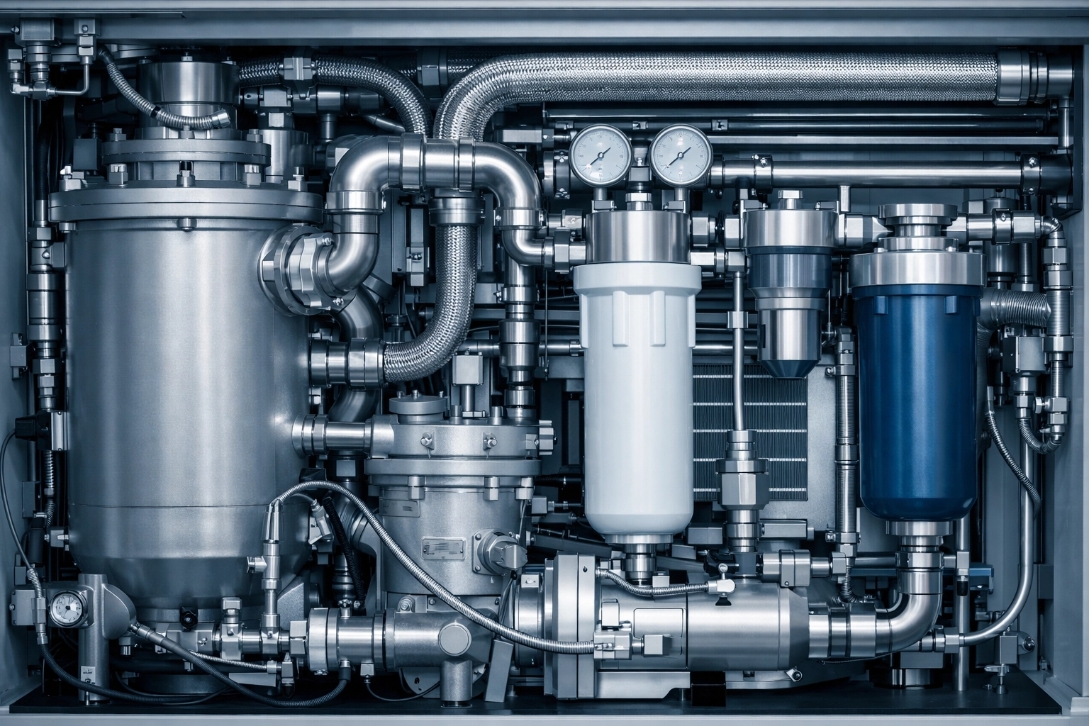 [IMAGE] Compact footprint integrated screw air compressor with tank and dryer installed in limited factory floor space