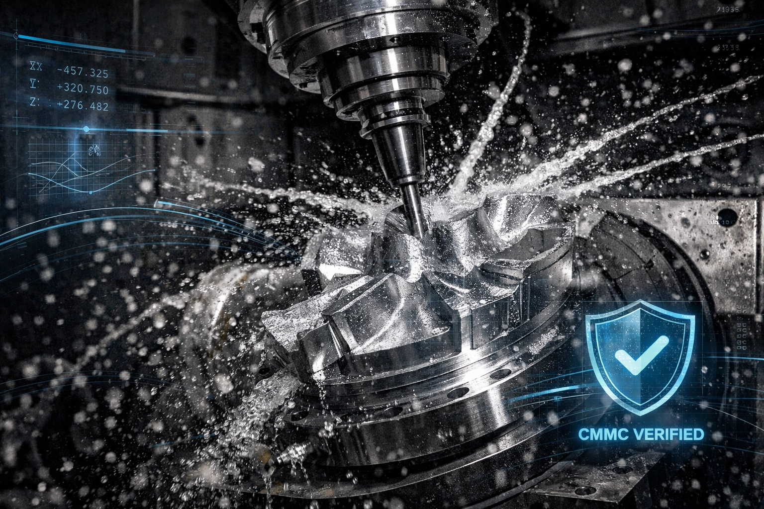 Precision CNC machine cutting titanium with a CMMC 2.0 verified digital security overlay for defense contractors.