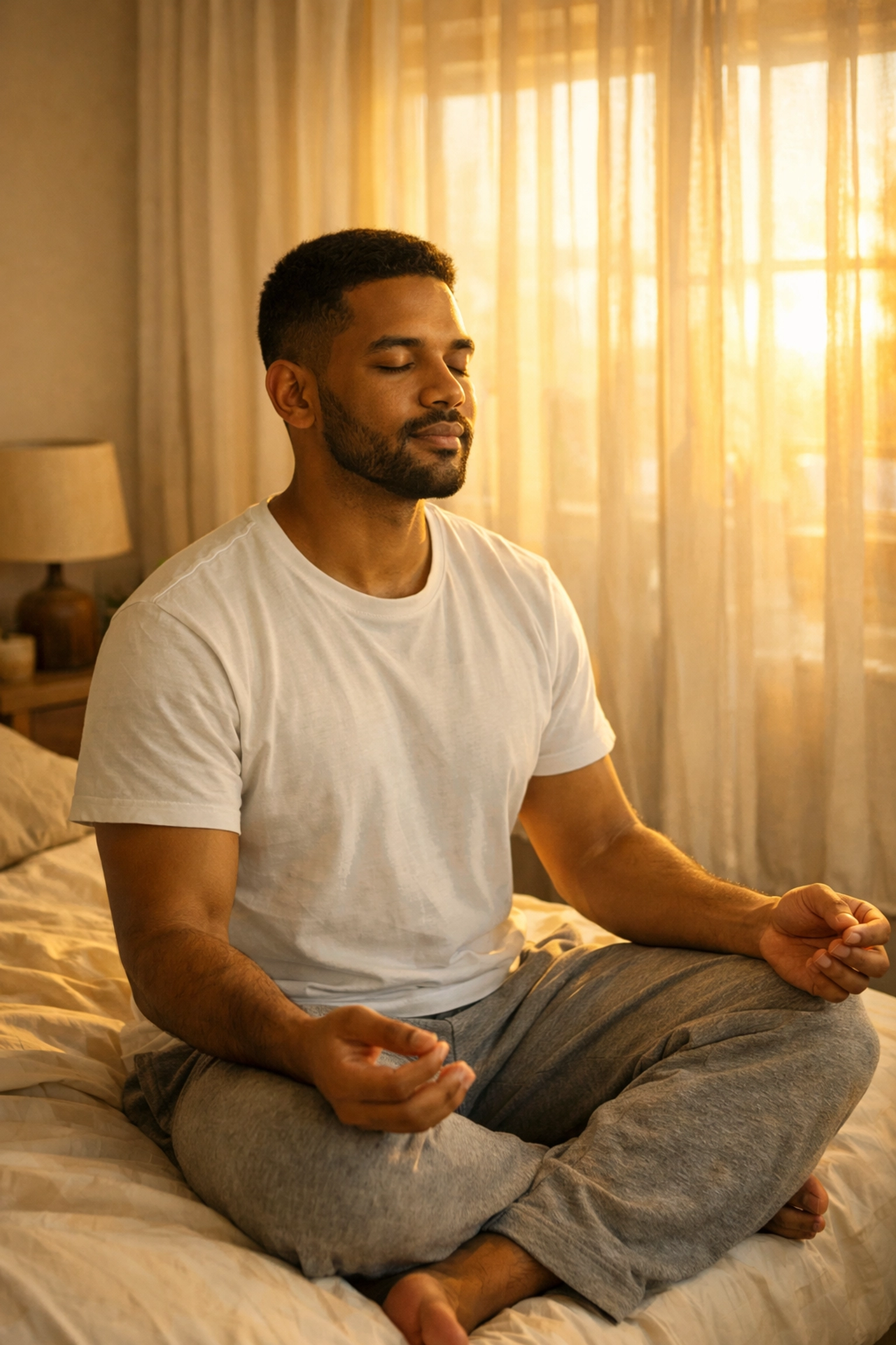Man meditating peacefully on bed at sunrise establishing morning mindset and mental clarity