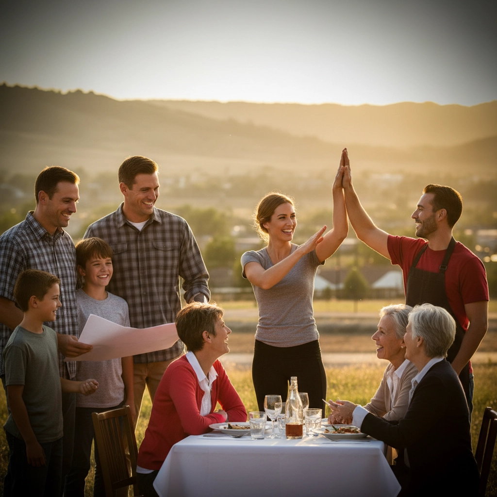 A group of people enjoys a joyful outdoor gathering at sunset, with two individuals exchanging a high five near a dinner table, celebrating in a picturesque rural setting.


