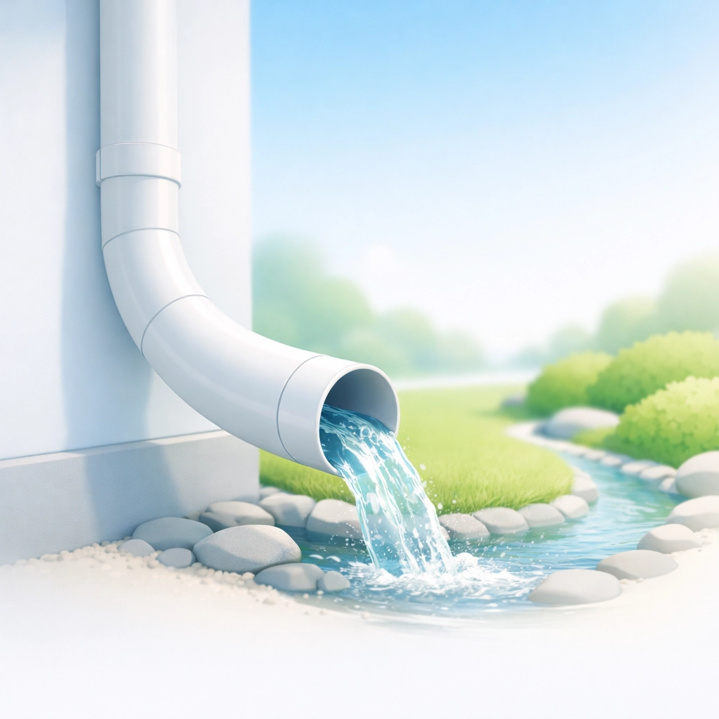 White downpipe directing rainwater safely away from a home's foundation to prevent flooding.