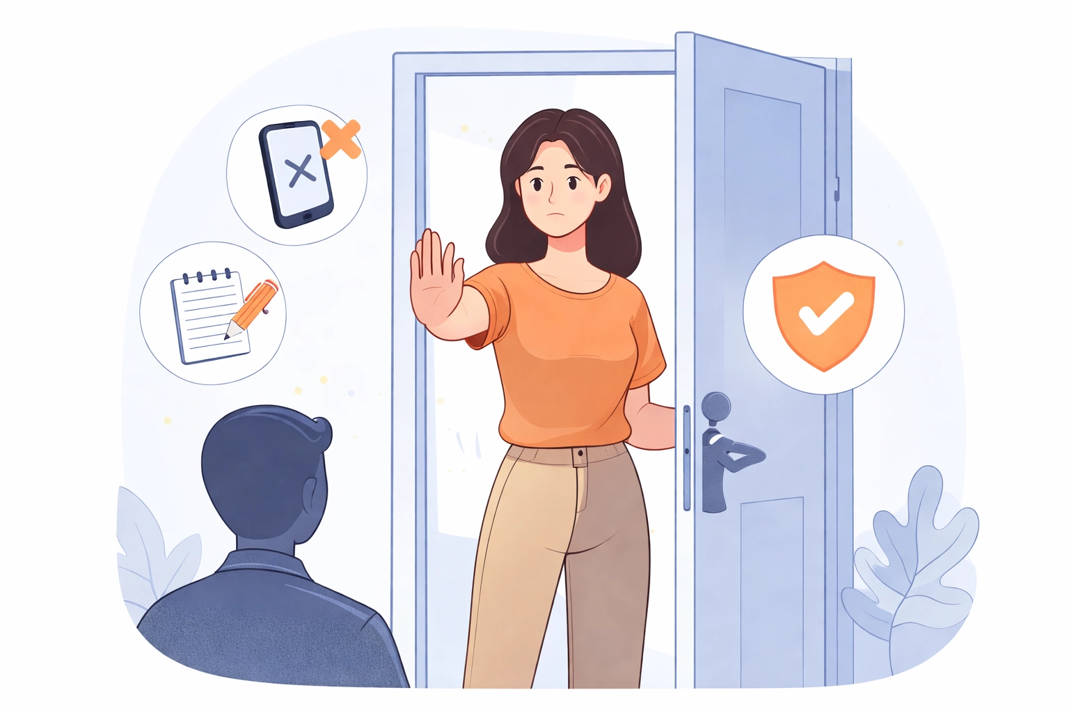 Person at front door refusing rogue installers, emphasizing protection against untrustworthy contractors