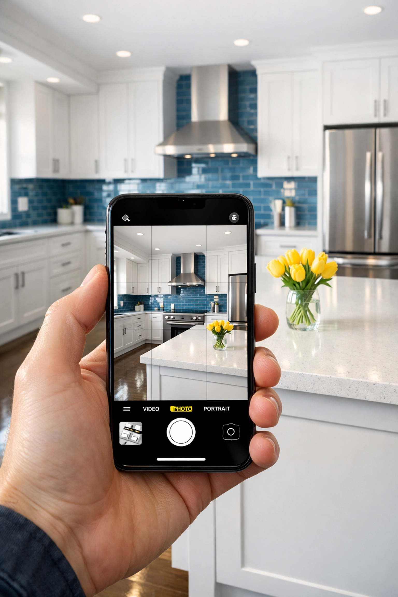 Smartphone photo documenting a spotless kitchen after a detailed Boston apartment move-out cleaning.