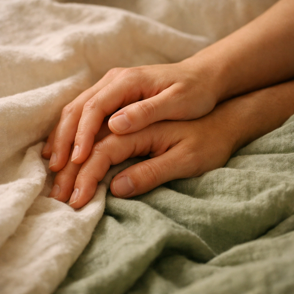 Egymásba kulcsolt kezek az ágyon, a korai magömlés kezelése partneri támogatással.