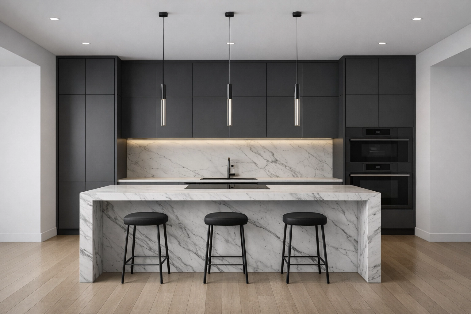Modern kitchen layout with a marble island and charcoal cabinets for a clean SketchUp visualization.