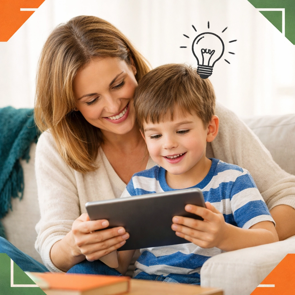 A mother and son learning together on a tablet to develop essential life skills and character.