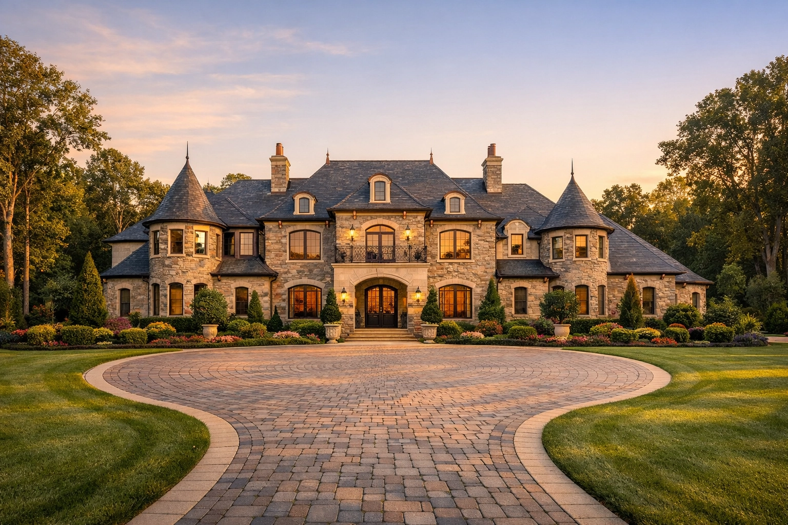 Luxury French Provincial estate home for sale in Weddington NC with a stone facade and circular driveway.