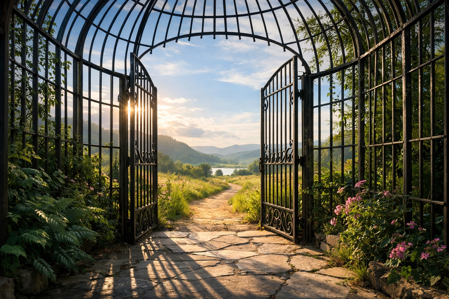 A sunlit path leading out of an open gate into a wide, serene landscape — a visual metaphor for choosing freedom over safety.