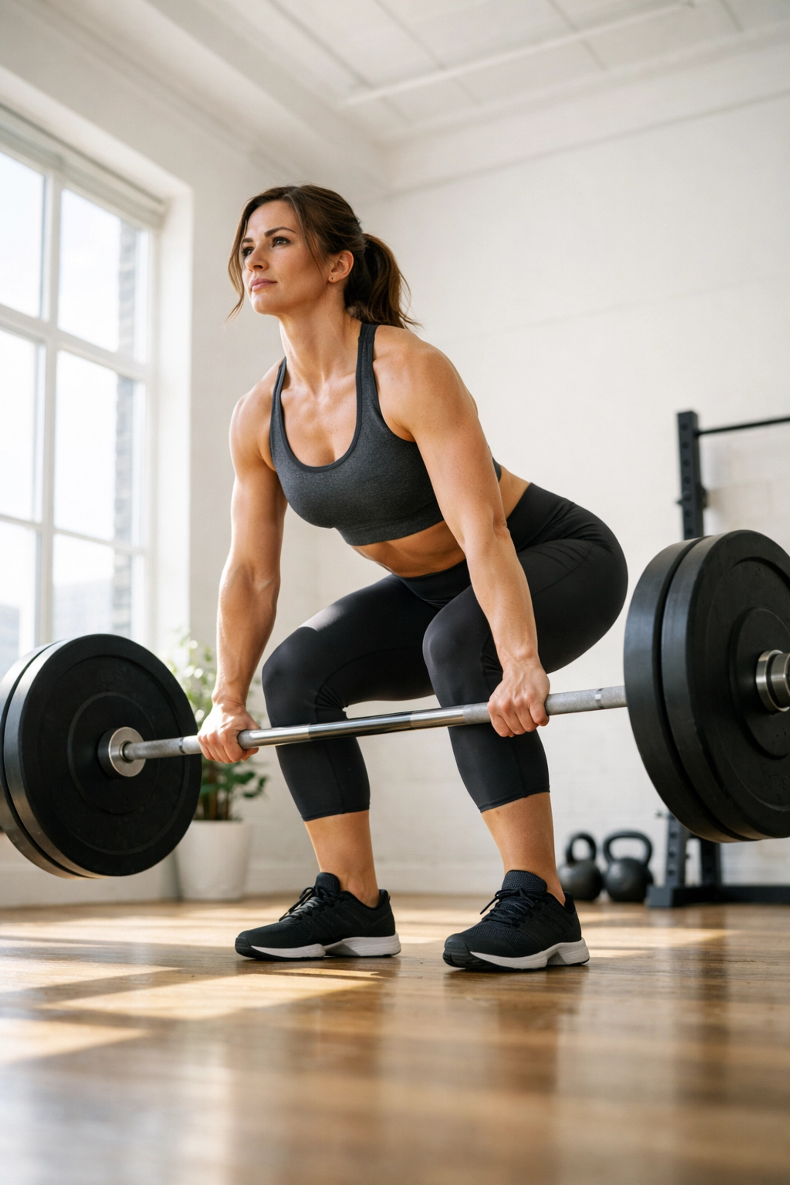 Woman executing deadlift with loaded barbell demonstrating proper lifting form and technique