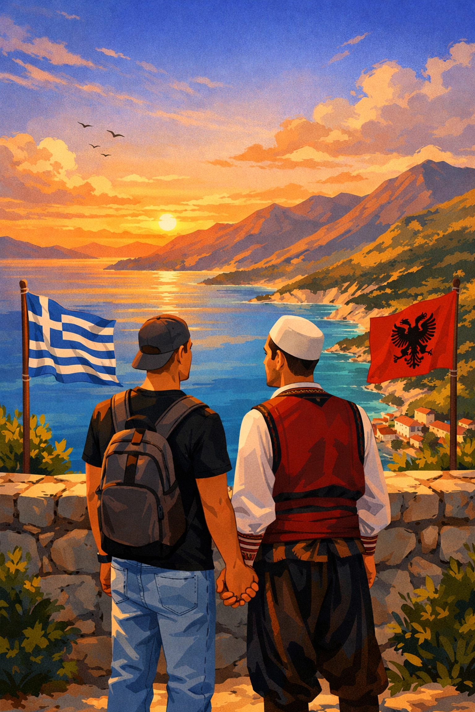 Greek and Albanian gay couple holding hands at Mediterranean border overlook