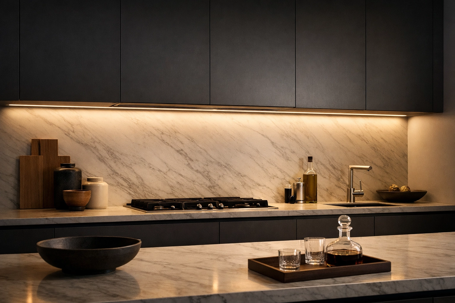 Under-cabinet lighting in a modern kitchen demonstrating perfect LED diffusion without hotspots.